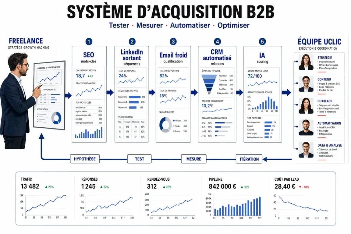 Freelance growth hacking Uclic : illustration éditoriale d’une stratégie d’acquisition B2B avec SEO, LinkedIn, cold email et IA