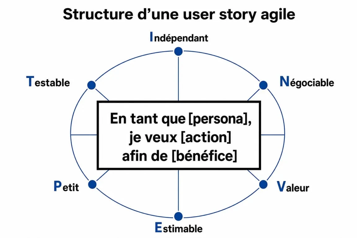 Infographie explicative sur la structure et les critères INVEST d'une user story agile