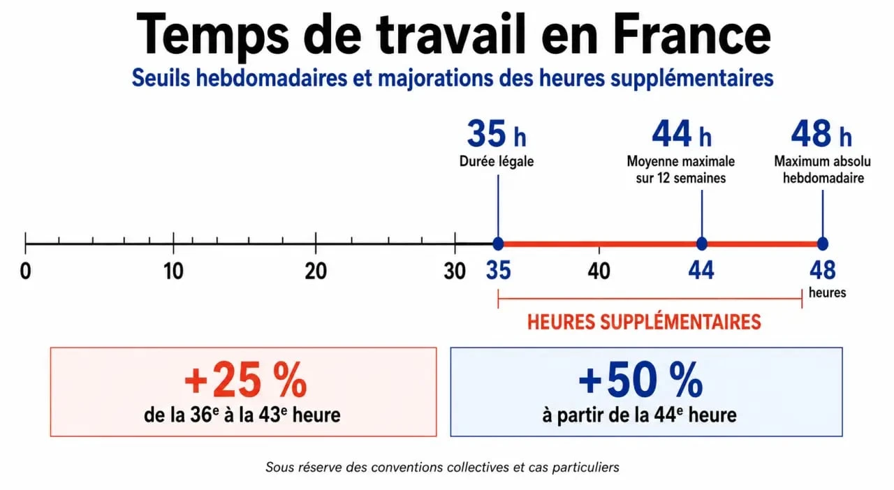 Infographie sur le calcul des heures supplémentaires et les seuils légaux de 44 heures par semaine