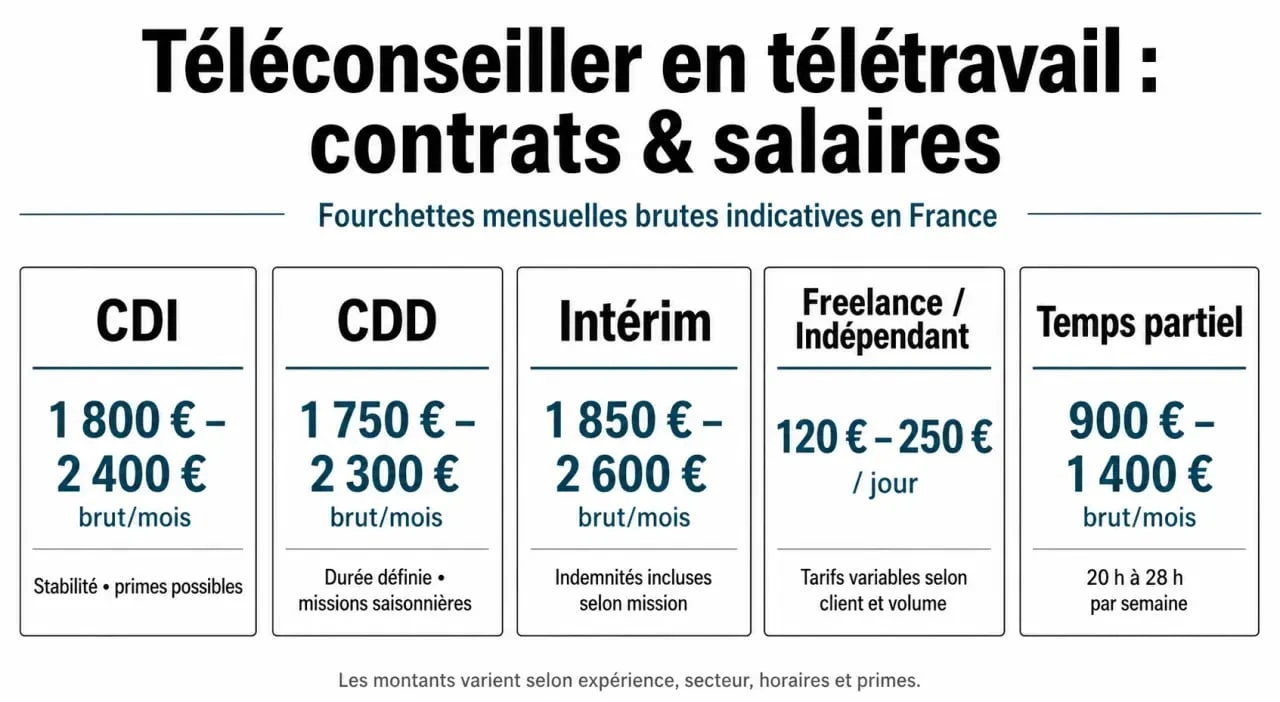 Infographie des conditions de travail et salaires pour un poste de téléconseiller en télétravail