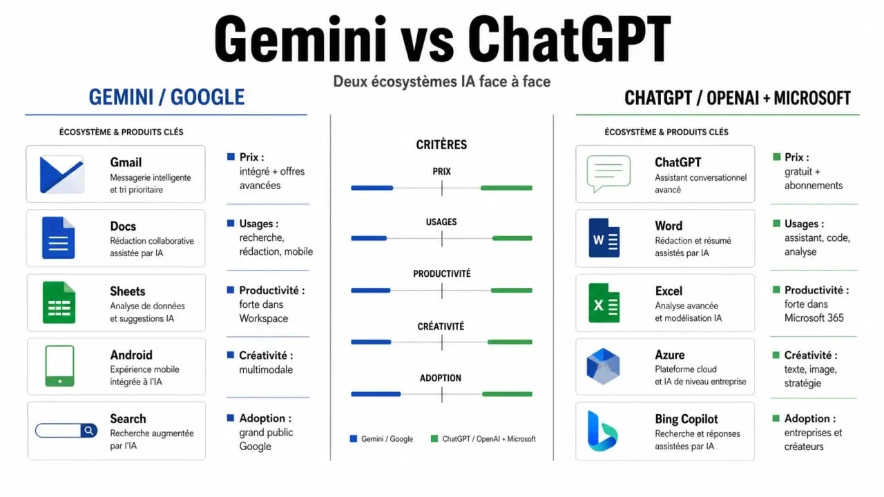 Gemini vs ChatGPT : comparaison visuelle des prix, intégrations et usages