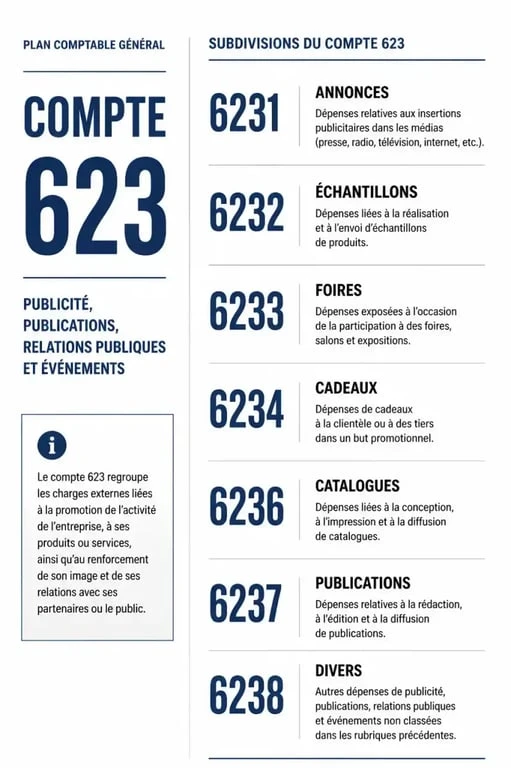 Infographie des subdivisions du compte 623 pour la comptabilité des frais de publicité et relations publiques