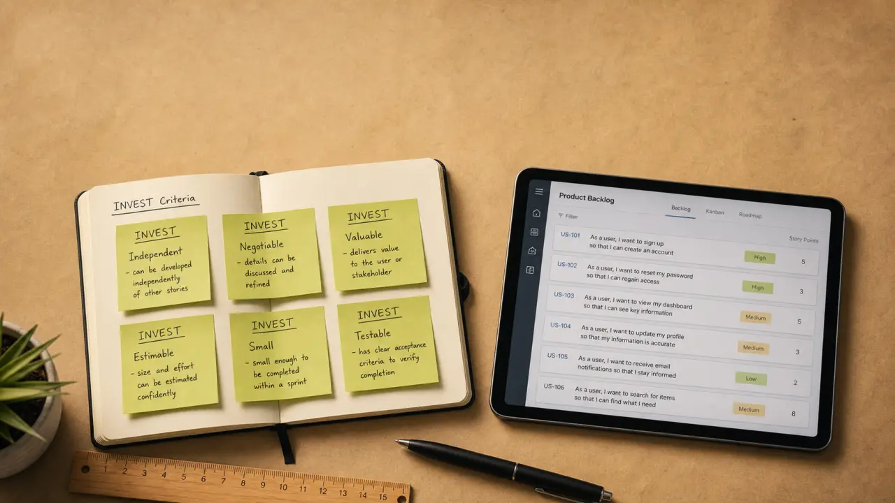 INVEST criteria for user stories : 6 critères agiles, sticky notes sur tableau backlog