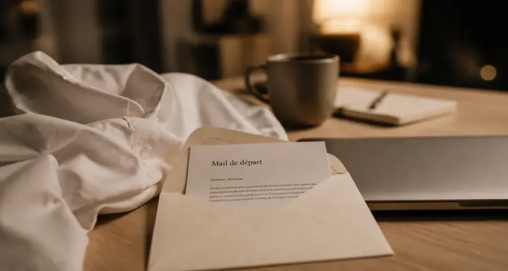 mail depart entreprise : enveloppe et papier « Mail de départ » sur bureau