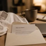 mail depart entreprise : enveloppe et papier « Mail de départ » sur bureau