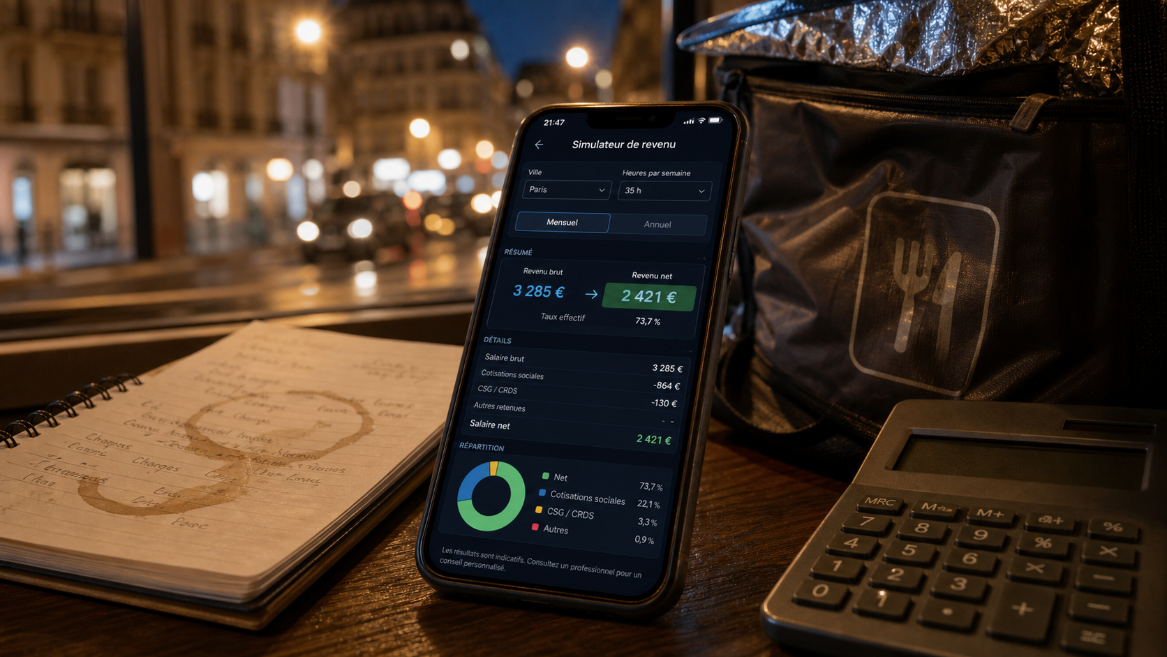 Simulateur salaire Uber Eats : brut net et cotisations