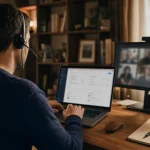 Teleconseiller teletravail en visioconférence, casque micro et ordinateur CRM