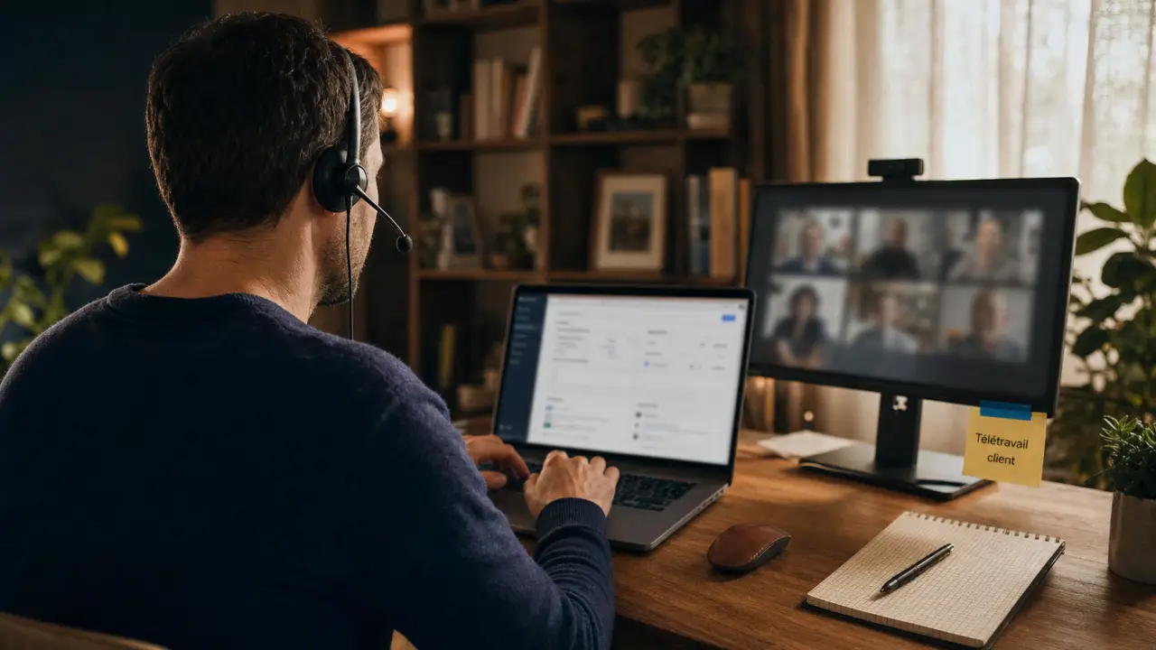 Teleconseiller teletravail en visioconférence, casque micro et ordinateur CRM