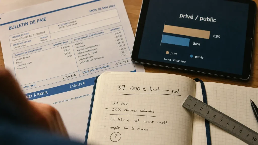 37 000 € brut en net : 2 374 € à 2 621 € par mois selon le statut