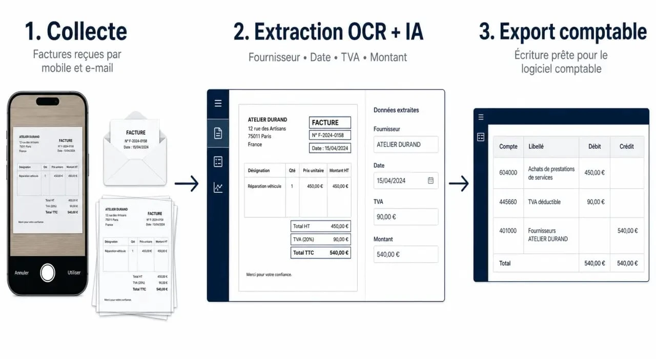 Dext logiciel : schéma du flux collecte, extraction et export comptable
