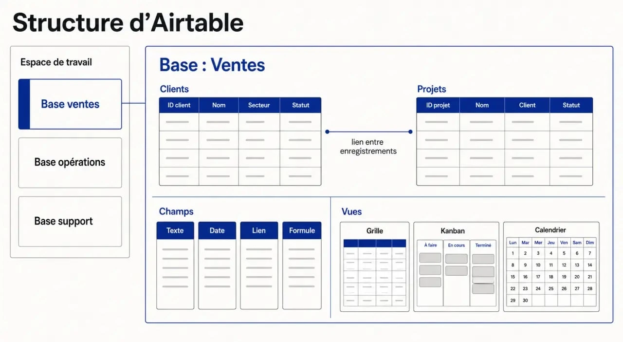 Airtable c est quoi : schéma simple de workspace, base, tables, champs et vues