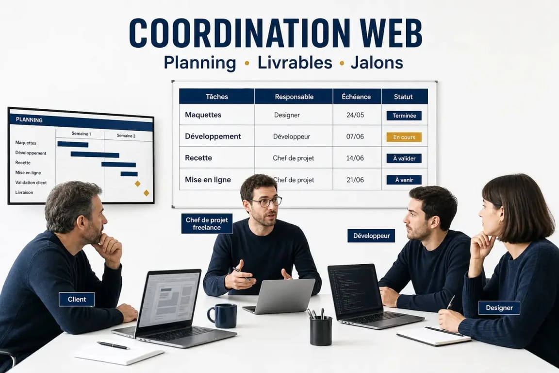 Chef de projet digital freelance en réunion de coordination d’un projet web