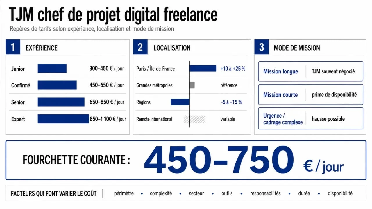 TJM d’un chef de projet digital freelance selon expérience, localisation et mode de mission