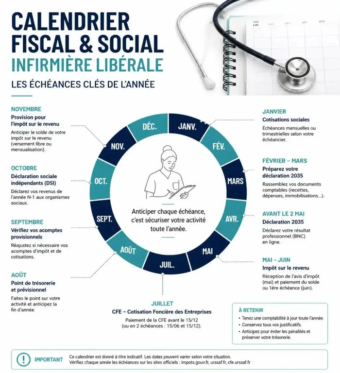 Calendrier fiscal et social annuel pour la comptabilité infirmière libérale