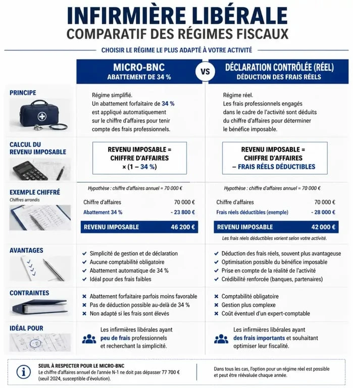 Comparatif des régimes fiscaux Micro-BNC et Réel pour la comptabilité infirmière libérale