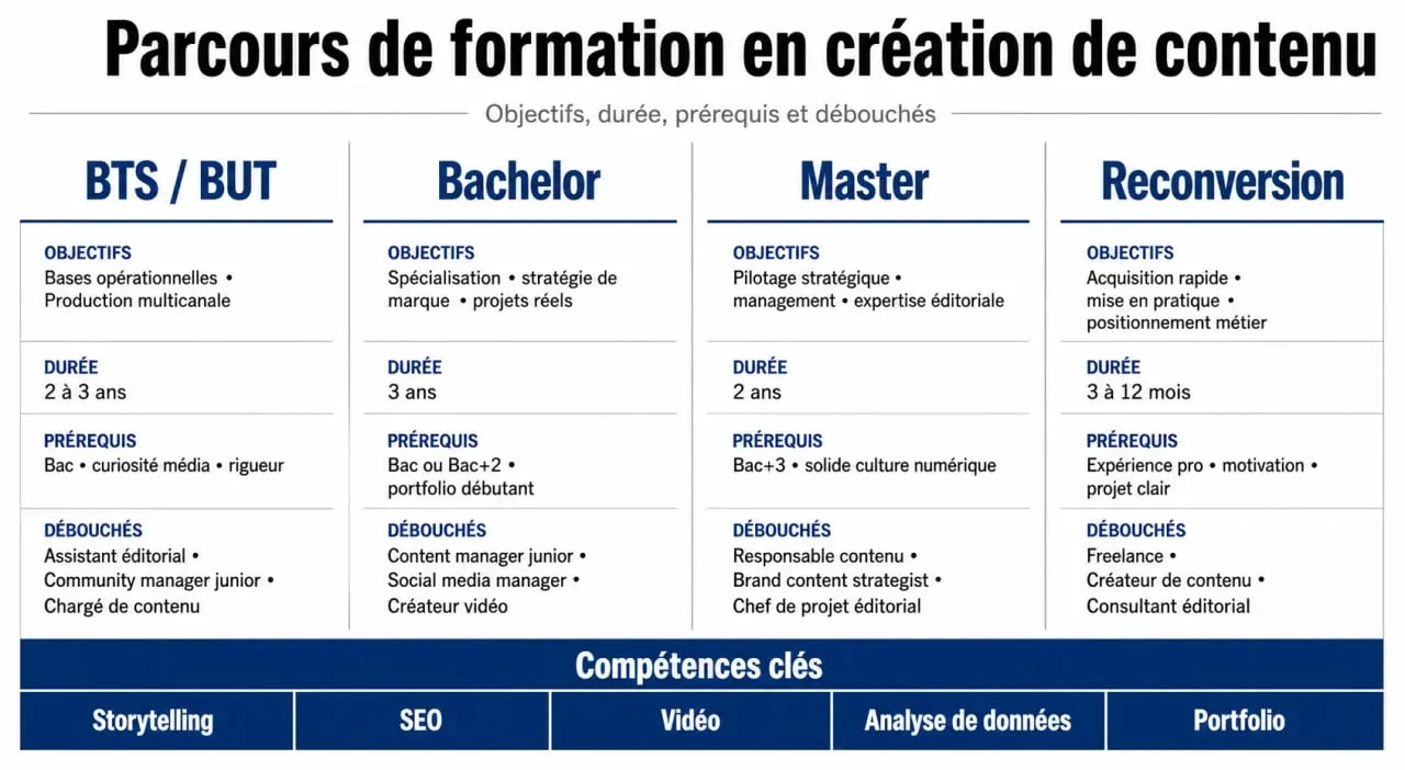 Formation création de contenu : schéma comparatif des parcours BTS, Bachelor, Master et reconversion