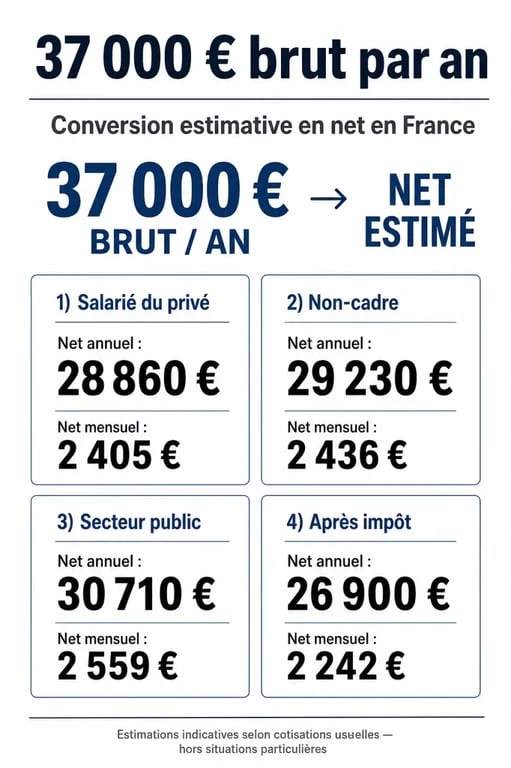 37000 brut en net : comparaison visuelle du net annuel et mensuel selon privé, non-cadre, public et après impôt