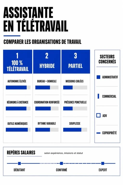 Infographie sur assistante teletravail : secteurs, missions, conditions et salaires