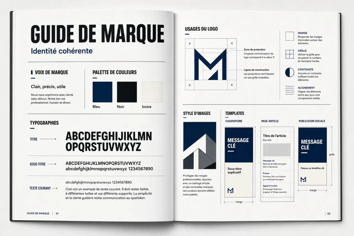 how to create cohesive branding : brand style guide avec voix de marque, couleurs, typographies et templates