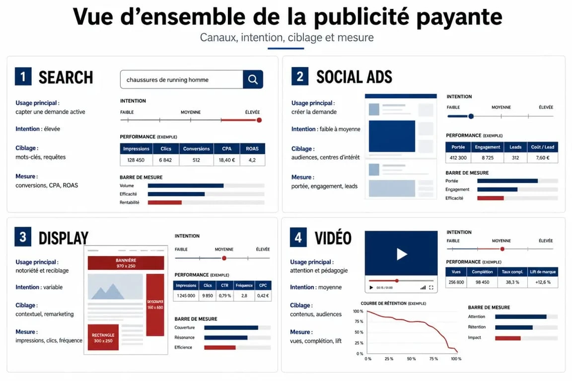 Publicité payante : comparaison des canaux Search, Social Ads, Display et Vidéo
