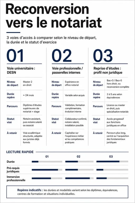 Reconversion notaire : infographie comparant les voies d’accès, les durées et les statuts d’exercice