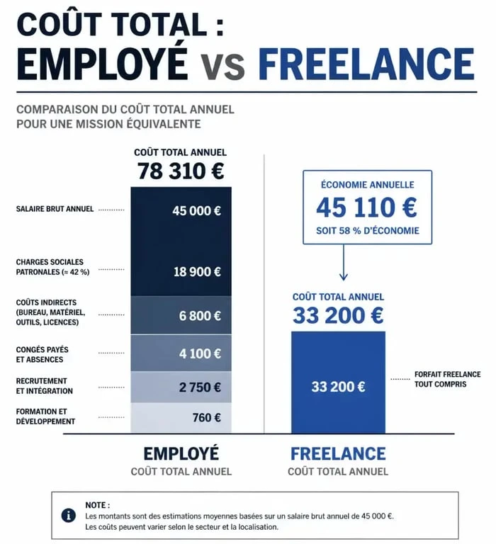 Comparaison visuelle entre le coût d'un salarié et le tarif d'une prestation de service administratif pour une PME