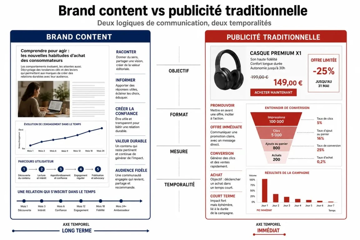Brand content definition : schéma comparatif entre brand content et publicité traditionnelle