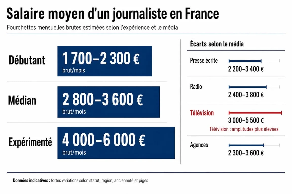 Infographie sur le journaliste salaire moyen en France avec fourchettes par expérience et secteur