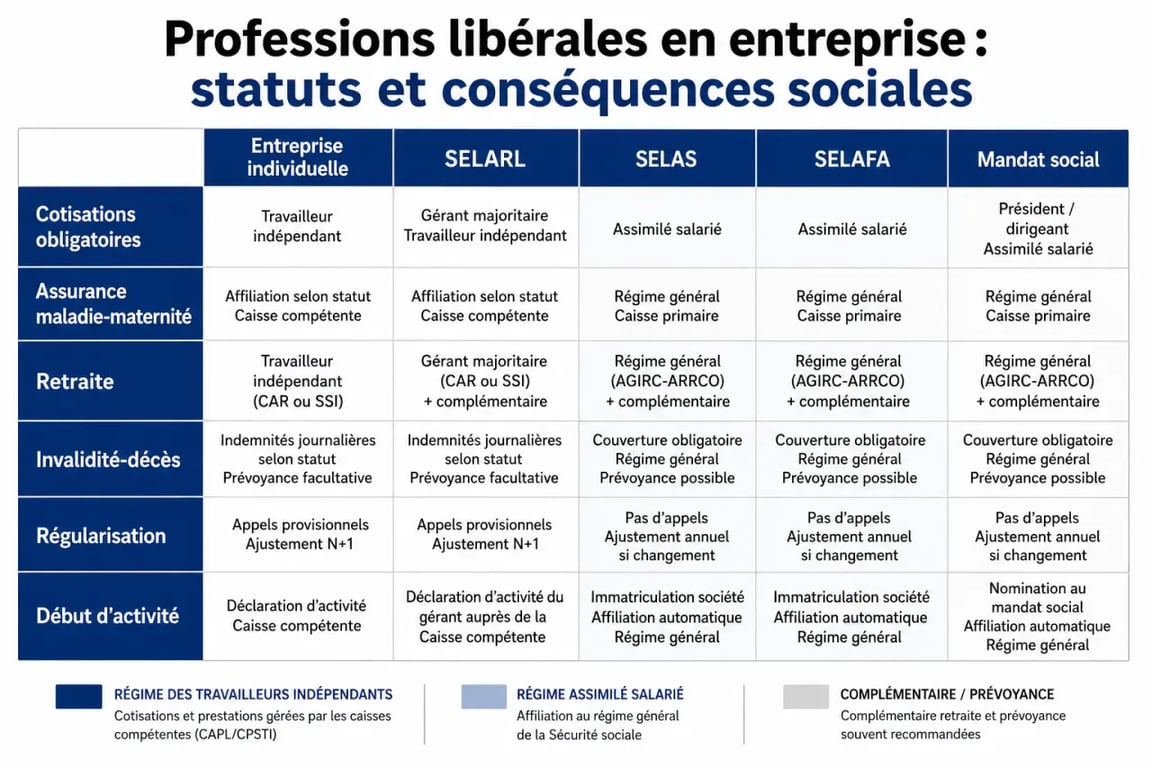 Optimiser la protection sociale des professions libérales en entreprise : schéma comparatif des statuts et cotisations