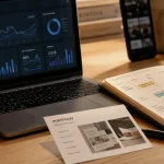 Formation création de contenu : ordinateur, planning éditorial et analytics sur bureau