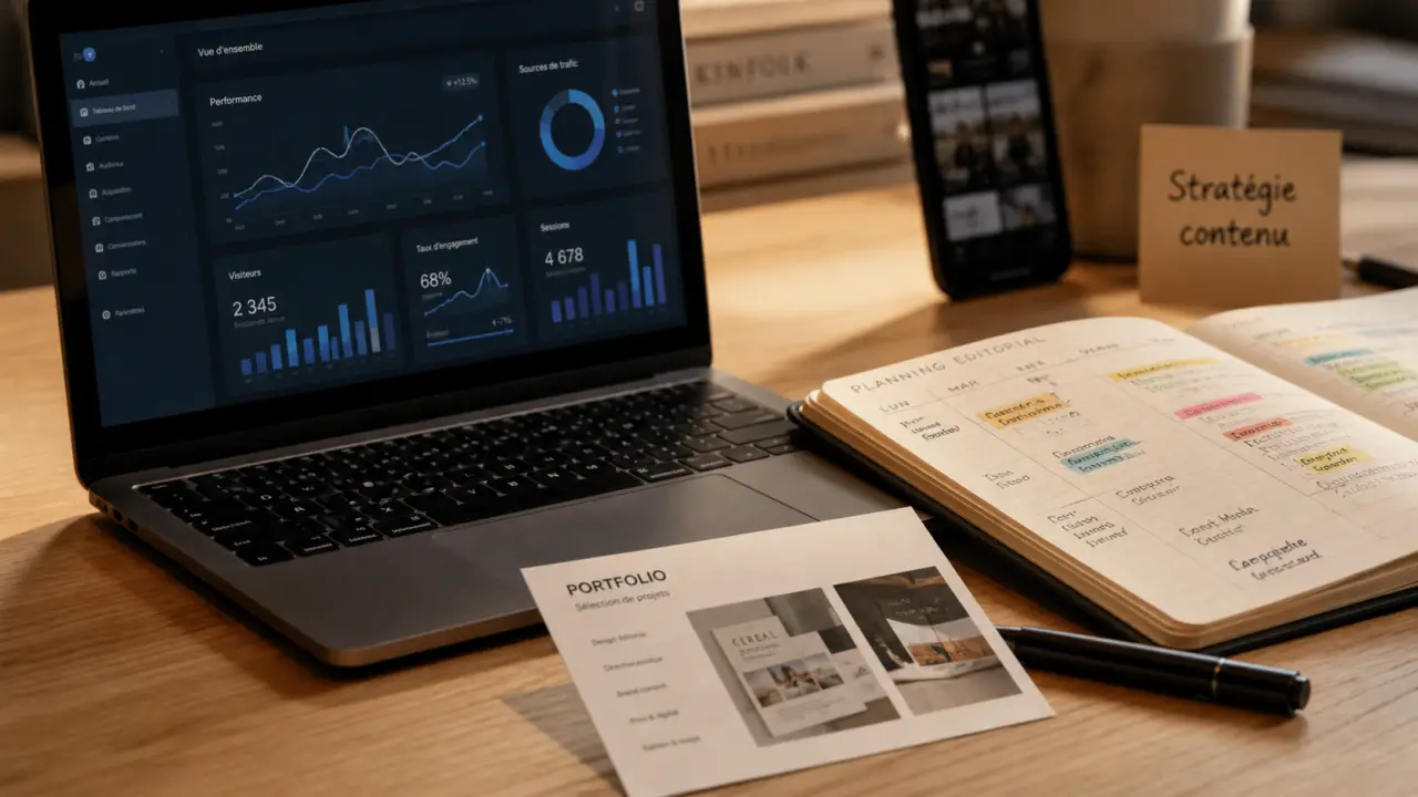 Formation création de contenu : ordinateur, planning éditorial et analytics sur bureau
