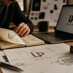 Graphiste pour logo : bureau avec mockup et croquis