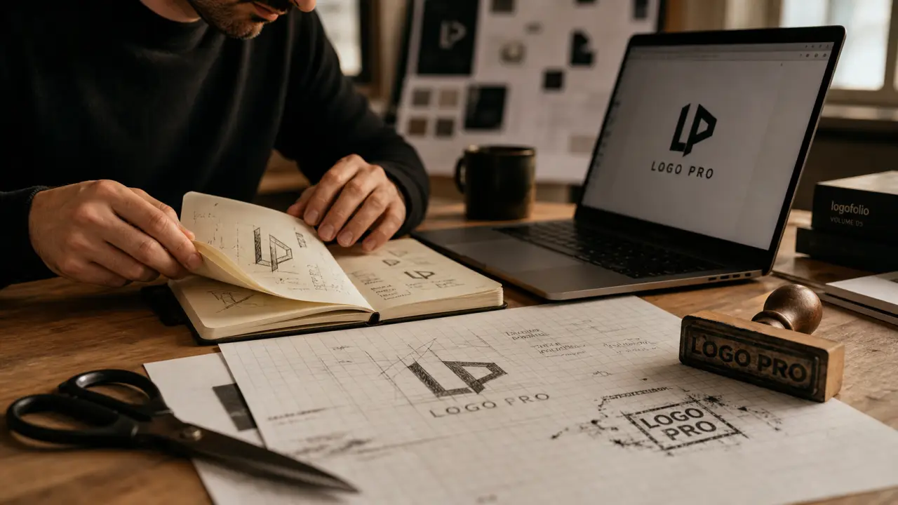 Graphiste pour logo : bureau avec mockup et croquis