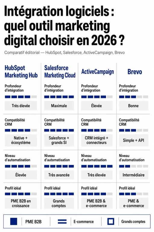 Comparatif du meilleur outil marketing digital intégration logiciels 2026 entre HubSpot, Salesforce Marketing Cloud, ActiveCampaign et Brevo