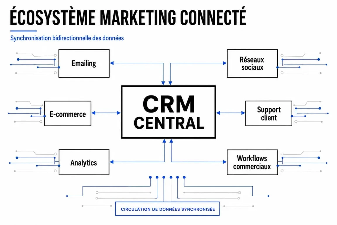 Schéma du meilleur outil marketing digital intégration logiciels 2026 avec CRM, e-commerce, analytics et automatisation
