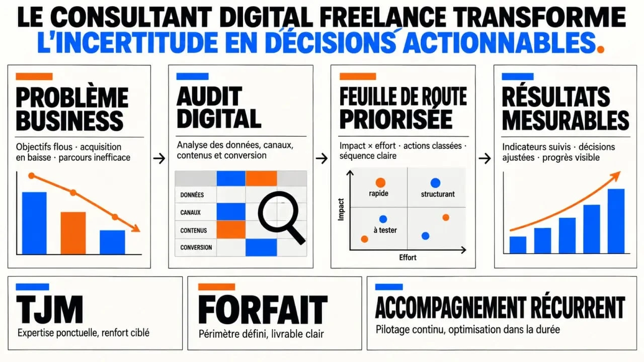 Infographie sur le rôle et les formats de mission d’un consultant digital freelance