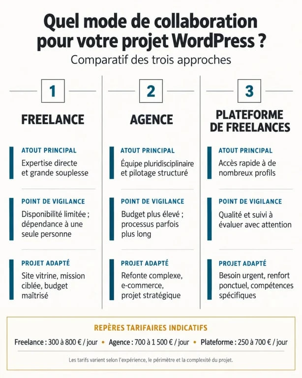 Infographie comparative pour choisir un freelance WordPress, une agence ou une plateforme