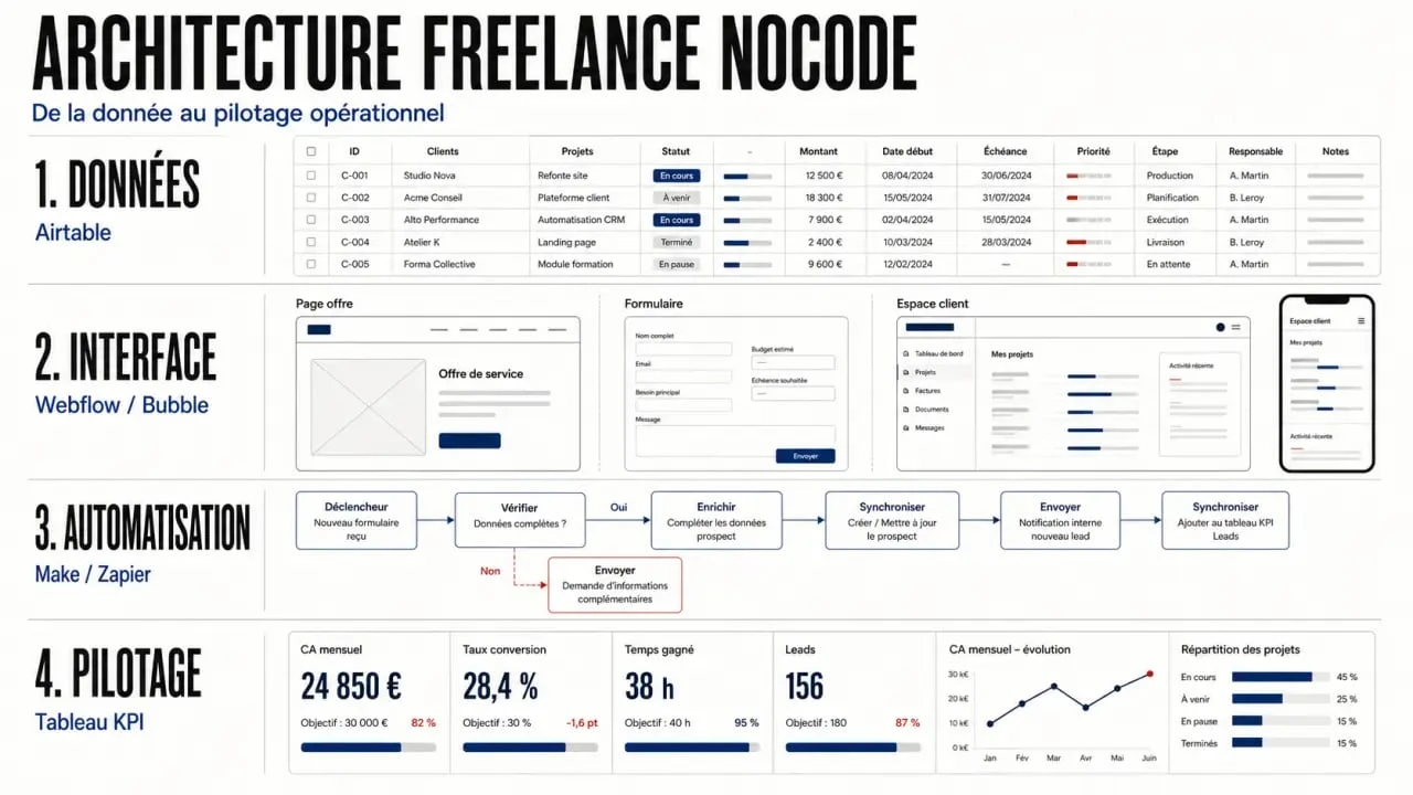 Freelance nocode illustré en quatre couches avec données, interface, automatisation et pilotage
