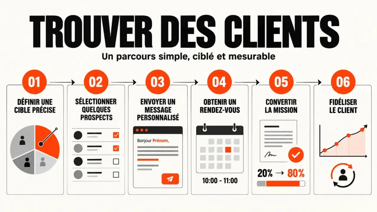 Parcours visuel pour trouver des clients, de la prospection à la fidélisation