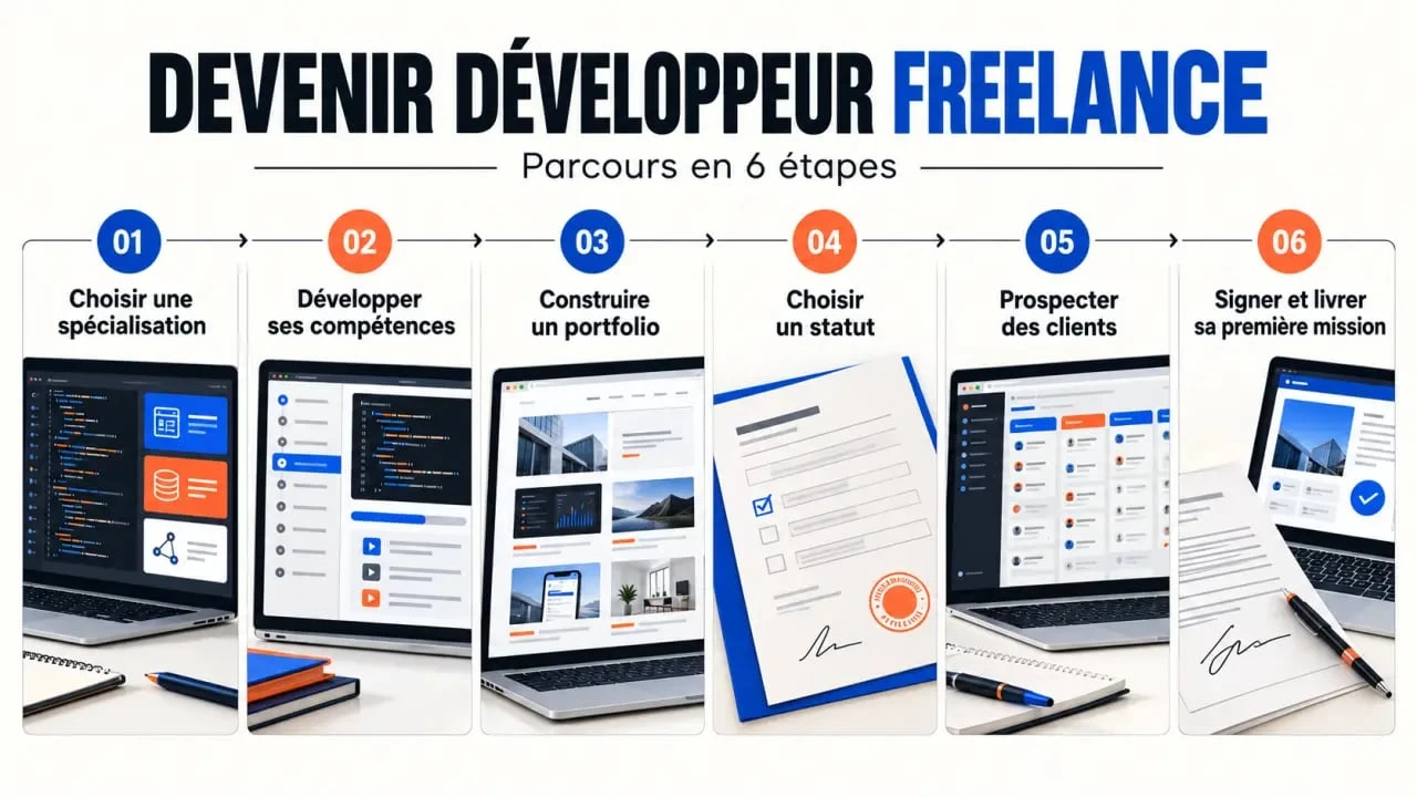 Parcours en six étapes pour devenir développeur freelance, de la spécialisation à la première mission