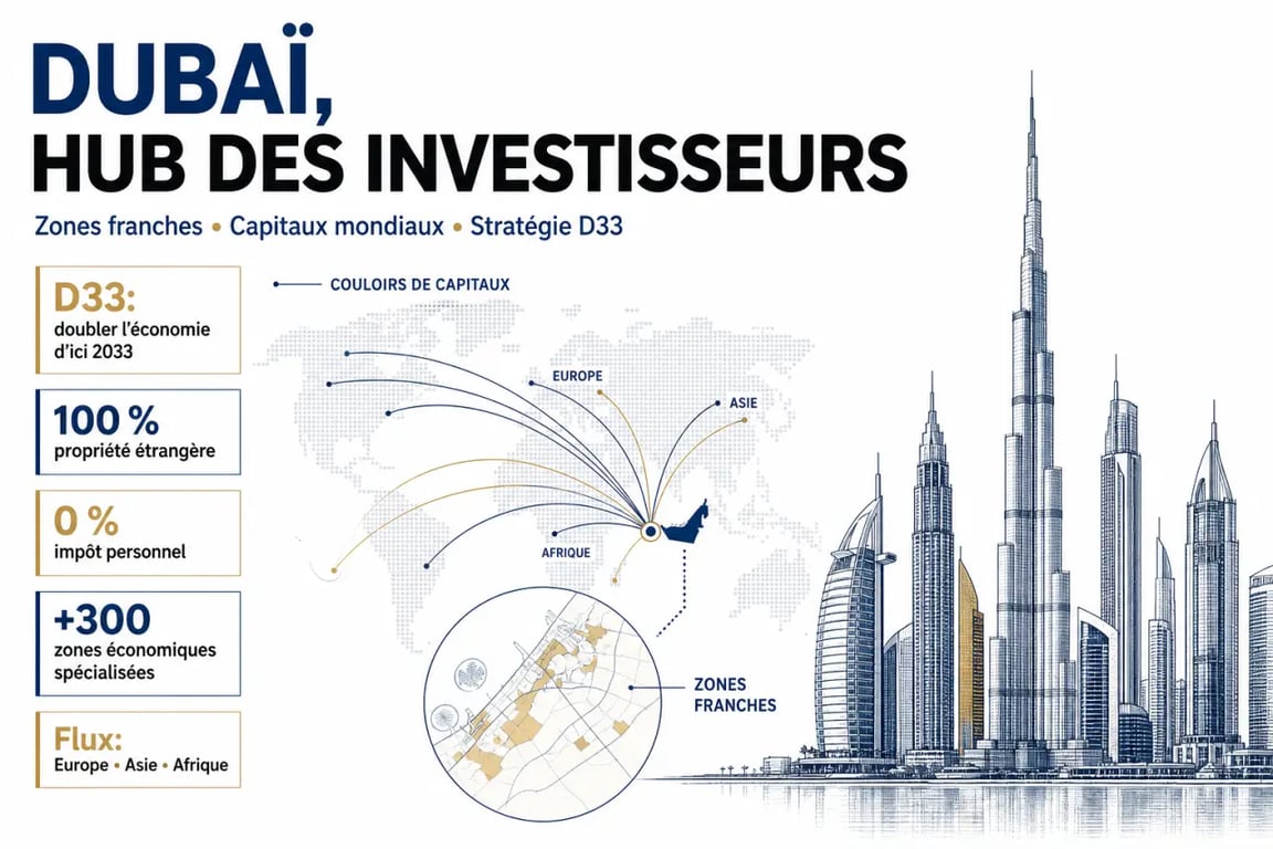 Pourquoi Dubaï est devenue la destination incontournable pour les investisseurs illustré par une vue éditoriale de la ville et ses atouts économiques