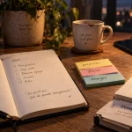 Productivité personnelle : bureau avec agenda, post-it et minuteur