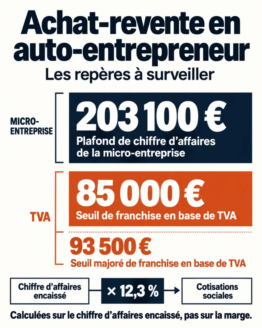 Infographie sur l’achat-revente en auto-entrepreneur : plafond micro-entreprise, seuils de TVA et cotisations sur le chiffre d’affaires