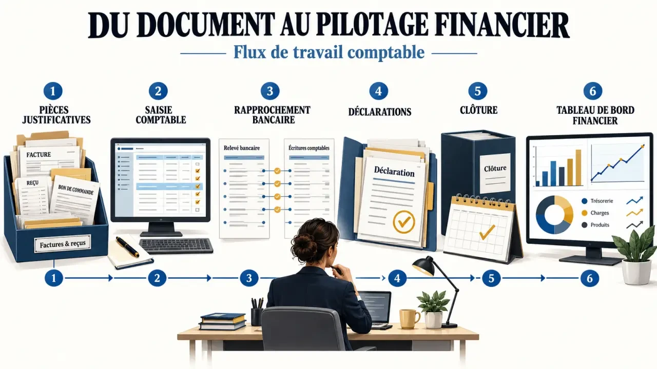 Illustration du flux de travail lié à la mission du comptable, des factures au reporting financier