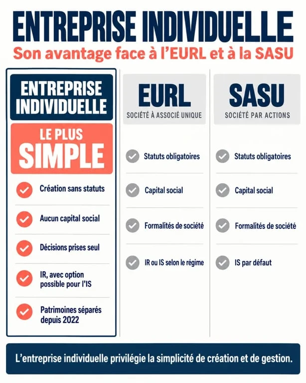 Infographie sur l’avantage d’une entreprise individuelle face à l’EURL et à la SASU