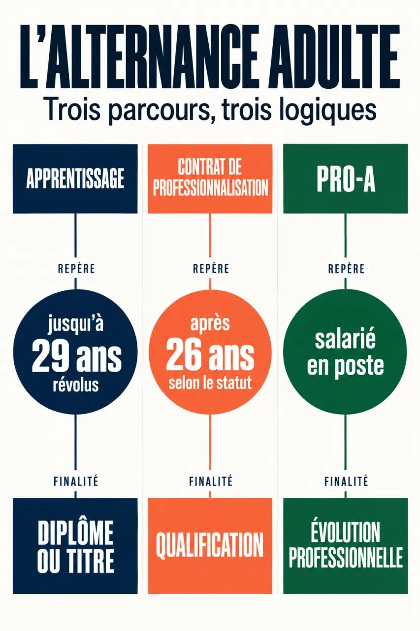 Alternance adulte : comparaison entre apprentissage, contrat de professionnalisation et Pro-A