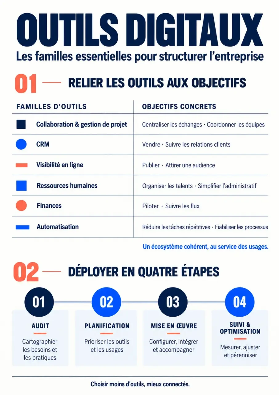 Infographie des principales familles d’outils digitaux et des étapes de déploiement en entreprise