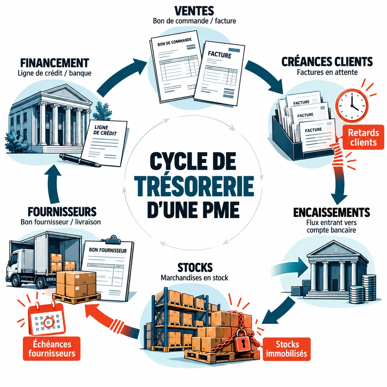 Gestion de trésorerie pour les PME : schéma du cycle entre ventes, stocks, clients et fournisseurs